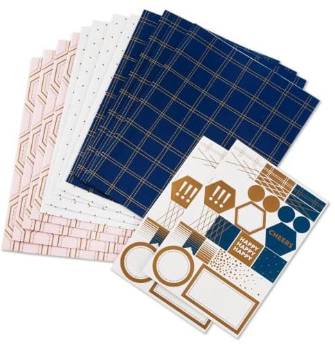 Hallmark Flache Geschenkpapierbögen mit Schnittlinien auf der Rückseite (12 gefaltete Blätter mit Aufkleber-Siegeln) weiße und goldene Punkte, rosa geometrisch, marineblau kariert für Hochzeiten,