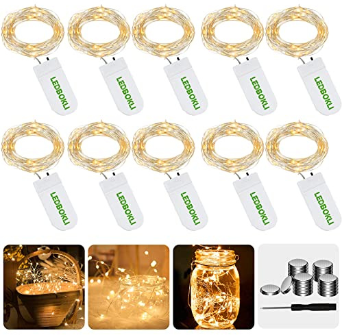 LEDBOKLI LED Lichterkette klein Batteriebetrieb Micro Drahtlichterkette 1.2m 24leds Wasserdichte Lichter Warmweiß 3000K Lichterketten für Deko Flasche, Weihnachten, Fenster, Hochzeit 10er Stück