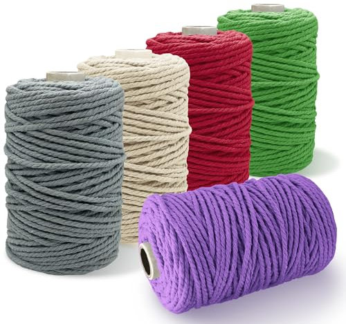 Hilo Macrame 3 mm. (PACK 5 Colores) Cuerda Macrame Cortinas -100% Agodon - (50 m)