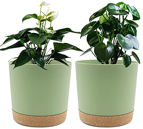 QCQHDU 16.5cm Plant Pot, 2 Pack Planters for Indoor Plants with Drainage Holes & Saucer, Outdoor Flower Pots Home Garden Modern Decor (Green, 16.5cm)