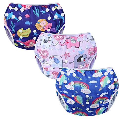 MIXIDON Pannolino da Nuoto Riutilizzabile Neonata Regolabile Costume da Nuoto Pannolini Lavabili Taglia Unica Set da Bagno Carino Costumi da Bagno da Piscina per 0-3 Anni Sirena+Arcobaleno+Elefante