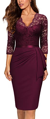 MIUSOL Women's Vintage Lace V-Neck 3/4 Sleeves Cocktail Party Formal Wedding Guest Work Bodycon Dress