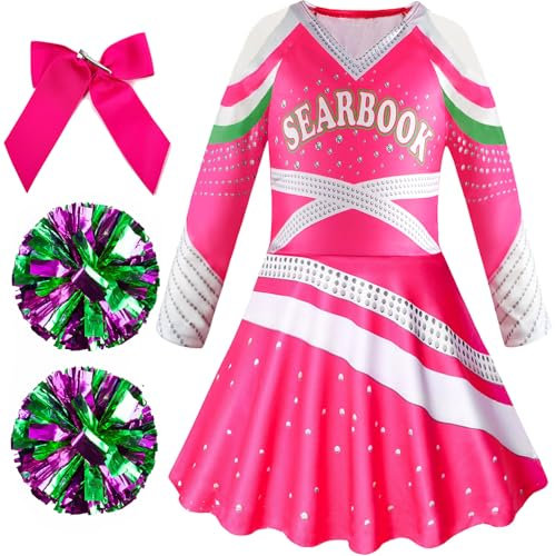 IKALI Mädchen Cheerleader Kostüm Kinder Karneval Kostüm Outfit Rose Cheerleading Kleid mit Poms Poms 4-6 Jahre