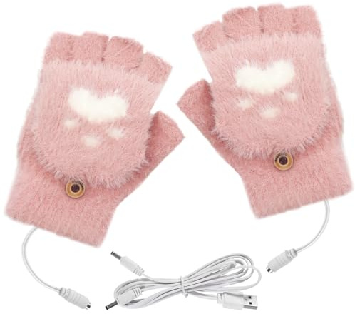 Beamely USB Heated Gloves for Women, Full & Half Finger Soft Mitten Knitted Heated Hand Gloves Cute Cat Paw Washable Warmer Fingerless Gloves for Winter Indoor or Outdoor Laptop Office Work Typing