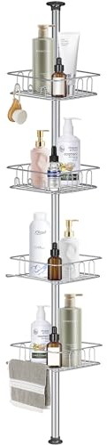 HOUHA Teleskop Duschregal, Duschablage ohne Bohren Metall Eckregal mit 4 Körben,Teleskopregal Bad Höhenverstellbar 73-302cm, Duschablage Ecke für Badezimmer, Silber