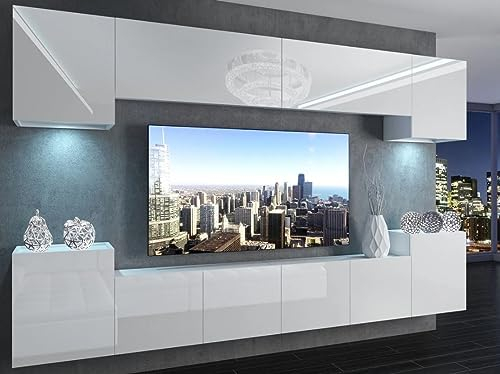NAKA Wohnwand Sideboard Wohnzimmer Möbel TV-Schrank Lowboard TV-Board Hängeschrank Weiss Hochglanz IMP 4/5/W/W/0/0 mit LED Beleuchtung