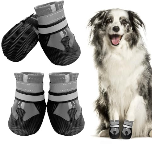 Muecleao Hundeschuhe Pfotenschutz, 4 Stück Wasserdicht Anti-Rutsch Hundestiefel mit Rutschfester Sohle und reflektierendem Klettverschluss, Schuhe für kleine, Mittlere und Große Hunde (Grau, M)