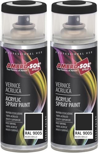Ambro-Sol - Mehrzweck Acryllack Spray V400PAST5, Hochglanzfarbe für Innen und Außen, Acryl Spray für Alle Materialien, 400 ml Recyclebare Acryl Sprühfarbe Weißblech-Sprühdose - Schwarz Glänzend