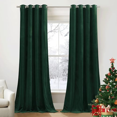 PONY DANCE Rideaux en Velours - Double Rideaux Thermiques Contre Le Froid Epais Prêt à Poser avec Oeillets Métallique Decoration Noël Salon Chambre, L 132 x H 280 cm, Vert Foncé, Lot de 2