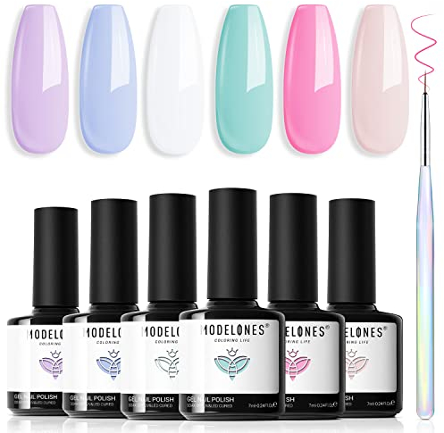 Modelones UV Nagellack Pastell, Rosa Nude Grün Milky Weiss Makronen Blau Violett 6 Farben Gellack UV Gel Nagellack Set LED Soak Off Gelnägel Nail Polish für Nail Art Nageldesign