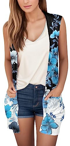 MILAX Women's Cardigan -Druckmantel, vorne offen, leichte Strickjacke, ärmellos, lockere Oberbekleidung mit Taschen Alpaka Strickjacke (Sky Blue, XL)