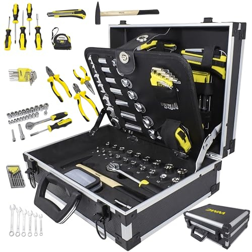 WMC Tools Set di attrezzi da 91 pezzi: completo di qualità professionale, pinze, pinze combinate, cacciavite, punte, chiave a brugola, set di cricchetto, valigetta in alluminio, fai da te, riparazioni