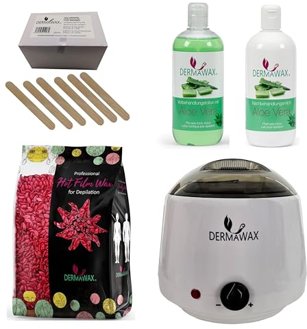 Dermawax Profi Waxing Set zur Haarentfernung 1000 ml Wachswärmer Made in Spanien 1 kg Rose Wachsperlen- 500 ml Aloe Vera Vorbehandlungslotion 500 ml Aloe Vera Nachbehandlungsmilch 200 Stück Holzspatel