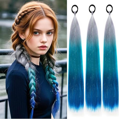 PORSMEER 3 Stück Lang Silber Grau/Grün/Blau bis lila Haar Lametta zopf extension mädchen und Frauen,60 cm Glattes Pferdeschwanz Haarteil Synthetik Haarverlängerung Zopf