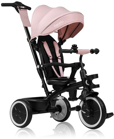 LIONELO Berry Trehjuling Cykel 2‑i‑1 för Barn (9 Mån–5 År) upp till 25 kg, 360° Roterande Säte, Punkteringsfria PU‑Hjul, Utdragbar Huva, Föräldrahandtag, 3‑Punktssele, Hopfällbar, Rosa