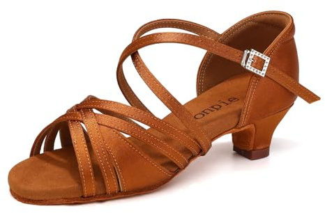 Uonpie Latino-lounge dansskor för kvinnor 4 cm klack dansskor för barn i satin, Brunt, 36 EU