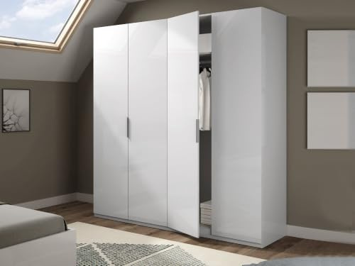 Guardaroba Grande Knoxville, Armadio per Camera da Letto a 4 Ante battenti, Mobile con 2 Ripiani e Barra Appendiabiti, 180x52h200 cm, Bianco