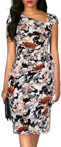 Women's Vintage Cap Sleeves Asymmetrical Neckline Sheath Bodycon Casual Work Cocktail Party Pencil Faux Wrap Dresses (US, Alpha, X-Large, Regular, Regular, Black Floral)