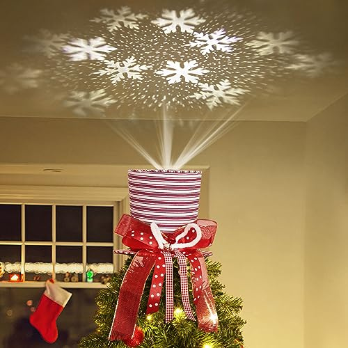 Lewondr Christmas Tree Topper Hat Projector, Striped Elf Hat Tree Topper with Snowflake Projector, Decorative Christmas Hat Tree Topper for Xmas Tree New Year Holiday Party Home, Red & White