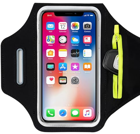 TRIXES Fascia da braccio da corsa nera con custodia per auricolari adatta per iPhone 15 Pro Max/14 Pro/13 Pro Max/12/12 Pro/11/XR/XS/X/8 Plus - Adatto per smartphone fino a 6,7