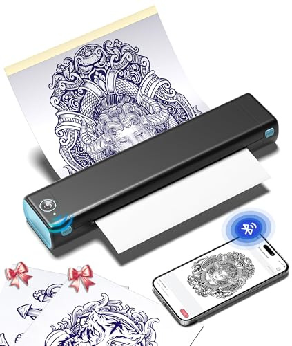 Phomemo M08F Tattoo Drucker Schablone Drucker Thermodrucker Tattoo | Tattoo Stencil Drucker Bluetooth Transfer Maschine Kompatibel mit Smartphone und PC mit 10pcs Transferpapier, Schwarz Blau