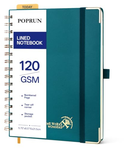 POPRUN Cuaderno Rayado A5, 141 Páginas Cuadernos Espiral, Verde Pacífico