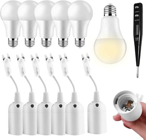 6 Stück Lampenfassung E27 und 6 Stück E27 LED Leuchtmittel Set: Lampenfassung E27 mit Kabel mit Spannungsprüfer, 5W 6500K Warmweißes LED E27 Glühbirne, E27 Baufassung Renovierfassung Baulampe