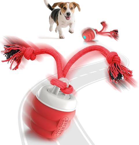 FLERDMAU Pelota Interactiva Perro – Juguete Interactivo Perro, Pelota De Juguete Interactivo Inteligente para Mascotas, Pelota con Cuerda Perro, Pelota De Mascotas De Movimiento Automático (Rojo)
