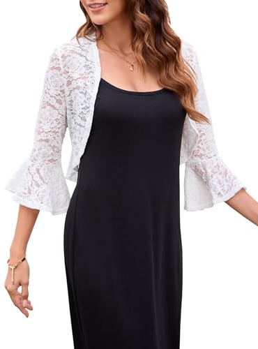 Hobrounn Bolero de encaje para mujer, cárdigan festivo, elegante, con frente abierto, manga 3/4, para vestidos de noche, ropa de fiesta, bodas, Blanco, XL