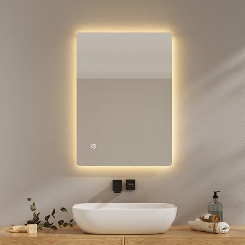 EMKE Badspiegel mit Beleuchtung 50x70cm, 3 Lichtfarben dimmbar | Badezimmerspiegel mit Anti-Beschlag-Funktion, Touchschalter, Speicherfunktion, automatische Abschaltung nach 3 Stunden