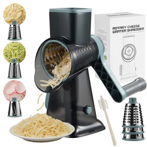 ALEXPHY Rotary Cheese Grater hand crank 3 blades with Stronger Suction Base | Stainless Steel Blades for Fruits, Vegetables, Nuts. Dishwasher Safe & Easy to Clean, Transparent Black & Blue