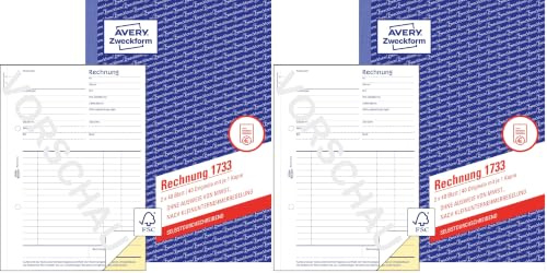 AVERY Zweckform 1733 Rechnung für Kleinunternehmer (A5, 2x40 Blatt, selbstdurchschreibend mit farbigem Durchschlag, ohne Ausweis von MwSt., nach Kleinunternehmerregelung) weiß/gelb (Packung mit 2)