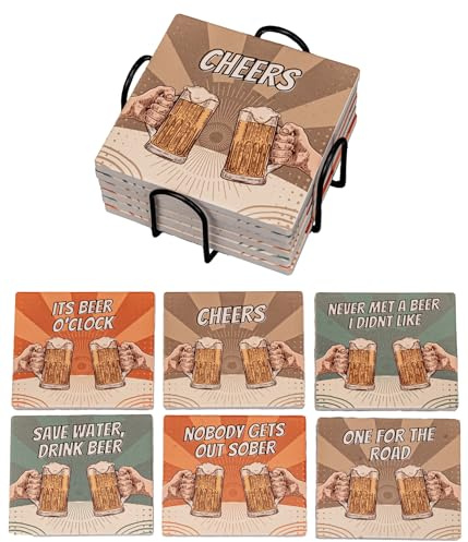 The Bar Buddy Lot de 6 dessous de verre en céramique avec slogan amusant de bière | Tapis de boisson unique et coloré avec dos en liège antidérapant pour les bars à domicile, les grottes d'hommes, les
