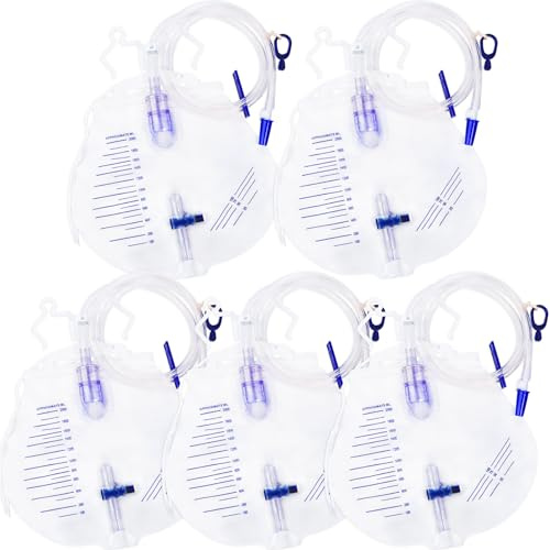 5 Pack 2000ml Urine Drainage Bag with 50 Inch Flexible Tube, Catheter Bags with Anti Reflux Chamber Cross Drain Valve Dual Hook and Hanging Cord for Daily Fluid Collection