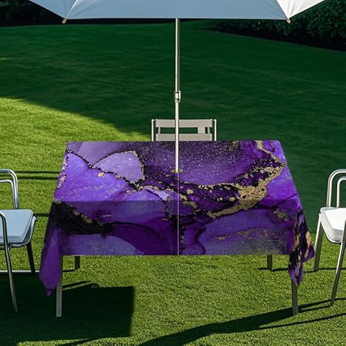 ENEN Rettangolare Tovaglia con Foro per Ombrellone e Cerniera Stampa Marmo Tovaglia Impermeabile Antimacchia Copritavolo per Outdoor Campeggio Barbecue (Viola 10,259x152cm)