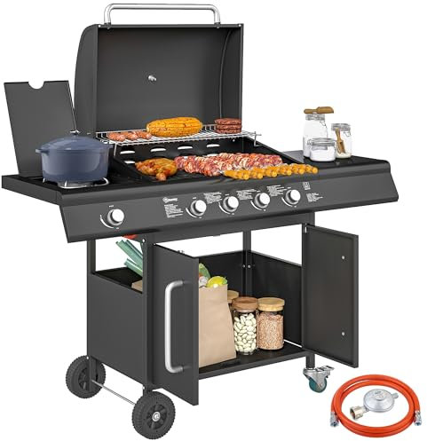 Outsunny Barbecue a Gas in Acciaio e PP, BBQ a Gas a 4+1 Bruciatori da 15.2 KW con Ruote, Armadietto, Termometro, Coperchio, 3 Griglie, Tavolino Laterale, Regolatore, Vaschetta Raccogli Grasso, Nero