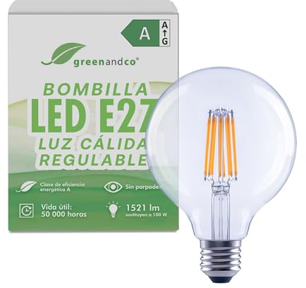 greenandco Lampadina dimmerabile a filamento LED | trasparente | E27 G95 | 7,2 W 1521 lm | sostituisce 100 W | 3000 K bianco caldo | 320° | 230 V | senza sfarfallio | Classe energetica A
