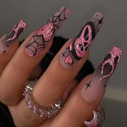 JUGUTA 24 Pezzi Halloween Unghie Finte Lunghe Coffin Francese Press On Nails Con Ragnatela E Scheletro Disegni Copertura Completa Acrilico Unghie Finte Adhesive Per Donne E Ragazze Manicure Fai
