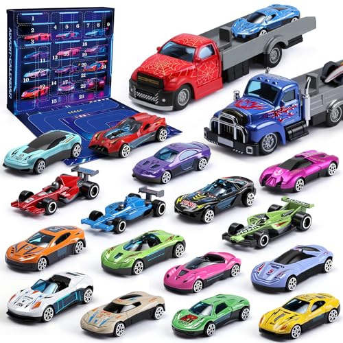 Calendrier Avent Enfant Garcon Cars 24 Voitures Miniatures + 2 Remorques Lanceurs pour Enfants 3-12 Ans Cadeau Fille Garçon Jouets de Course Métalliques
