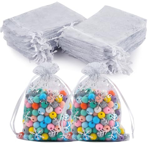 Organzasäckchen Weihnachten, 100 Stück Weiß Geschenksäckchen, Organzabeutel, Schneeflocke Organzasäckchen mit Zugband, Säckchen zum Befüllen, Kleine Geschenktüten für Geschenk Weihn (Weiß, 10 x 15CM)