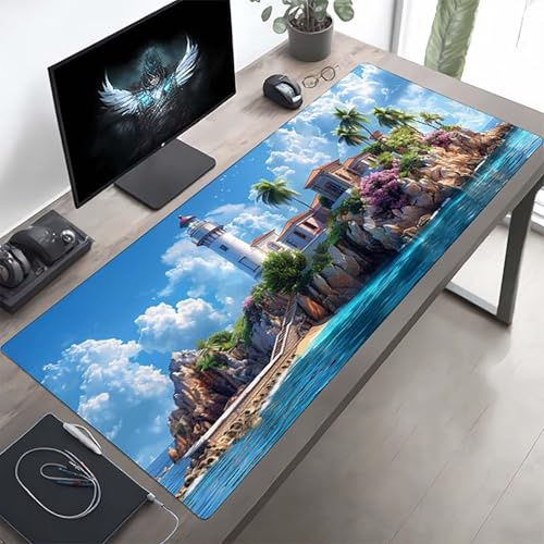 Gaming Mauspad 1600x800x3mm Gaming Mousepad XXL Landschaft Blau Mauspad Schreibtischauflage, Genähte Kanten Mausmat, rutschfeste Gummibasis, Schreibtisch Schutz für Home Büro, Geschenke PjY10180 1-2