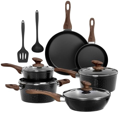 Kitchen Academy Set de Casseroles et Poêles à Induction avec Revêtement en Granit et Couvercles en Verre Casseroles et Poêles Aluminium Antiadhésives Batterie de Cuisine à Gaz (Noir 12 Pièces)