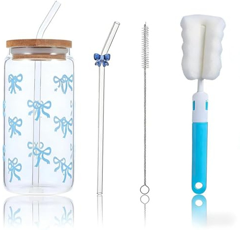 nuneoeuo 4 Pcs Blue Glass Cups with Lids and Straws Set, Cute Iced Coffee Cup Fashion Coffee Cups Glass, Glasses Tumbler with Straw and Lid Bubble Tea Cup Suitable for Daily Outdoor and Travel Use