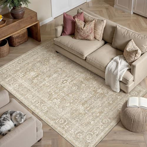 PureCozy Vintage Teppich Wohnzimmer 120x170cm Beige Schlafzimmer Wohnzimmerteppich Waschbarer Carpet Weich rutschfest Teppiche Esszimmer Büro Kurzflor Groß Tepich Carpets Rug