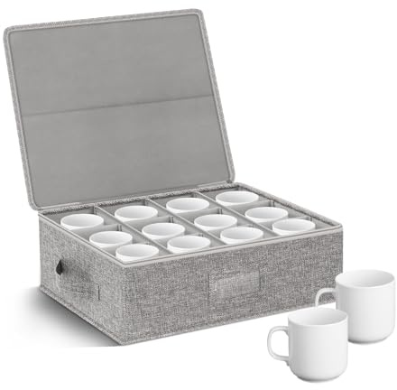 1 Pack Cup and Coffee Mug Storage Box with Dividers, Hard Shell China Storage Containers Holds 12 Coffee Mugs and Tea Cups, Stackable Mug Organiser with Sturdy Lid and Handles for Moving and Packing