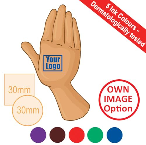 30mm Self-Inking Hand Stamp/Event Reentry Stamp. Skin Safe, 5 Dermatologically Tested Ink Colours. Personalised Rubber Stamper with Own Image/Custom Logo (Green)