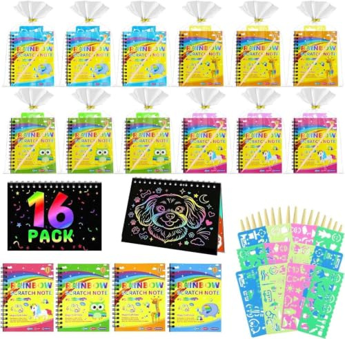 16 Kratzbilder für Kinder Mitgebsel Kindergeburtstag ab 4-8 Jahre mit Holzstiften, Schablonen, Regenbogen Kratzpapier zum Zeichnen und Basteln, Bastelset für Kindergeburtstag, Schule und Party