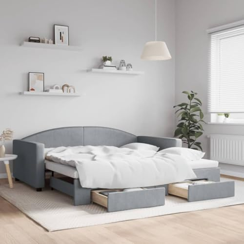 LoogCape Utdragbar dagsäng med lådor i ljusgrå, 100 x 190 cm tyg, bäddsoffa, gästsäng med förvaringsutrymme, robust metallram i trä, mångsidig barn- och ungdomsskjorta för sovrum
