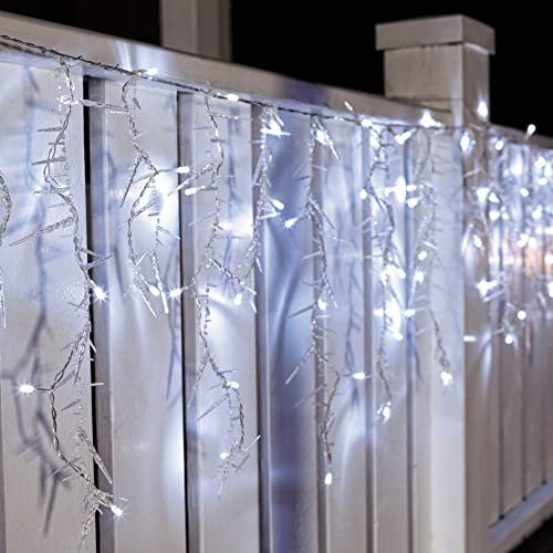 hellum LED Lichterkette außen, Eiszapfen-Lichtervorhang, 100 LEDs, 25 Stränge, Kaltweiß, Transparentes Kabel, beleuchtete Länge 2,40 m x 40 cm, kleine Eiszapfen, Weihnachtsdeko outdoor <59 lm 565140