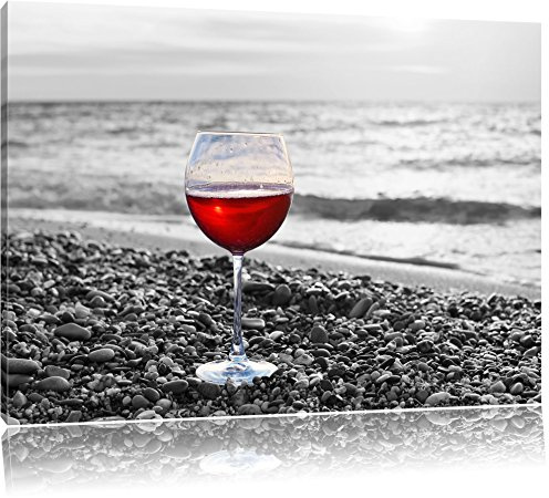 Pixxprint Weinglas am Steinstrand Schwarz, B&W, Größe: 80x60cm, Leinwandbild, fertig gespannt, Wandbild, Dekoration, Kunstdruck, kein Poster